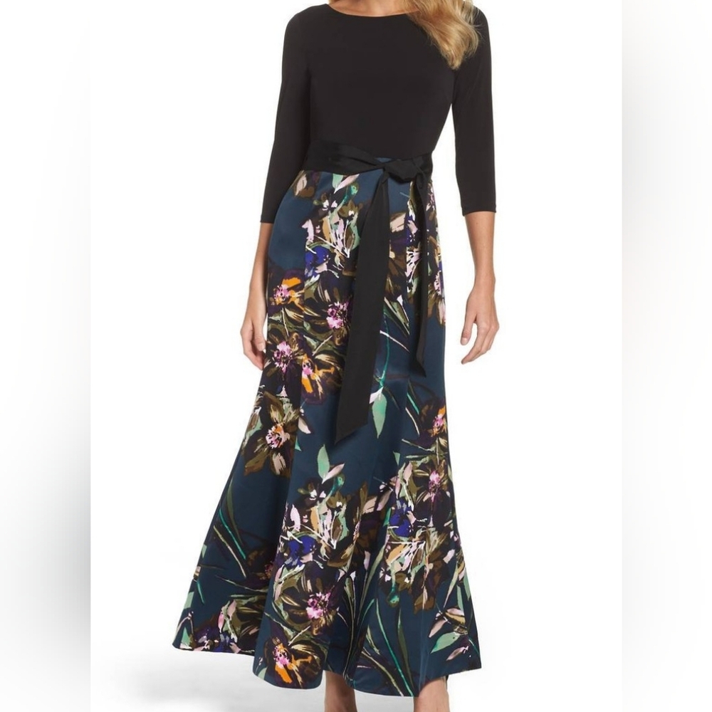 ELLEN TRACY Jersey & Floral Print Satin Trumpet Gown Dress 🔖NWT